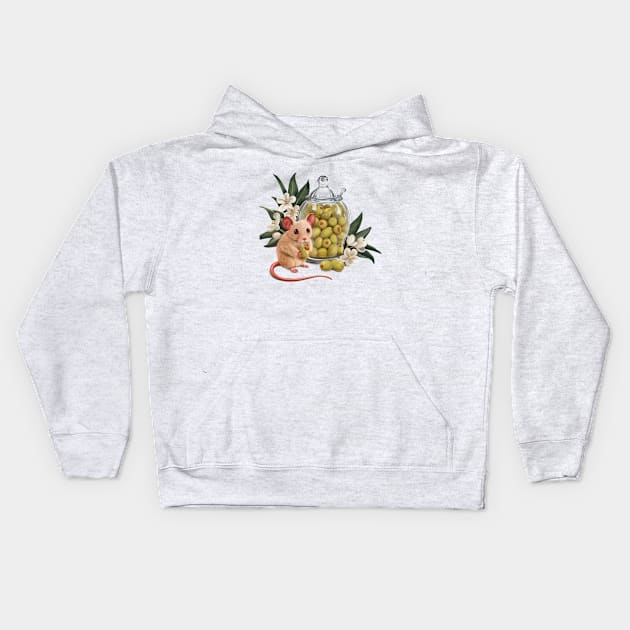 Cute mouse and olives Kids Hoodie by solrey